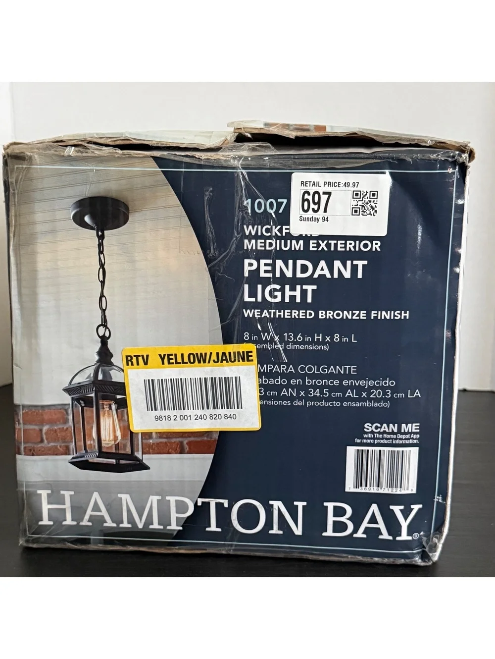 Hampton Bay Wickford Medium Exterior Pendant Light with Weathered Bronze Finish